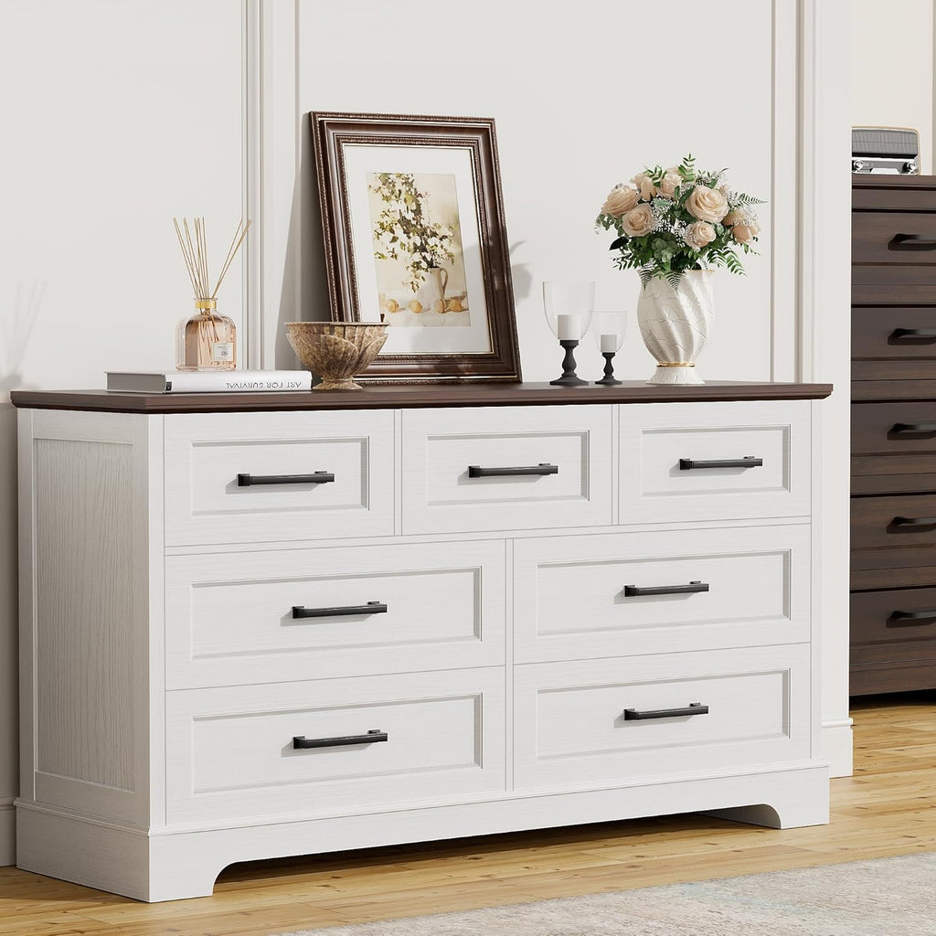 Furmax Farmhouse Dresser for Bedroom, 7 Drawers Dresser, Wood Chest of Drawers, 52" Wide Storage Dressers Organizer for Bedroom, Living Room, White and Brown