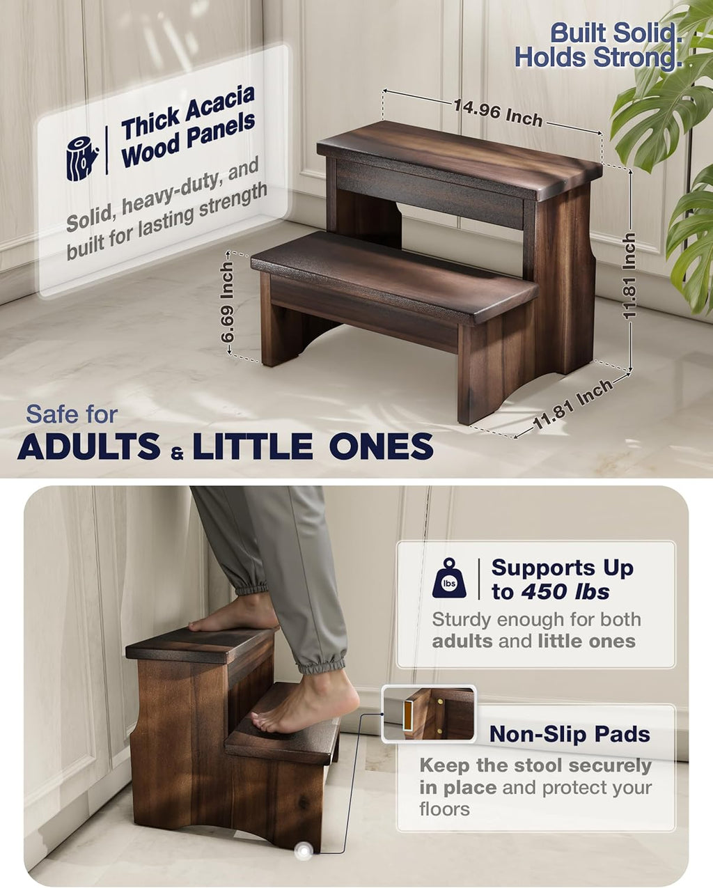 Wooden Two Step Stool, Heavy Duty 2-Step Ladder for Adults & Kids, Supports up to 450lbs for Kitchen, Bathroom or Bedside Use (Walnut Finish)