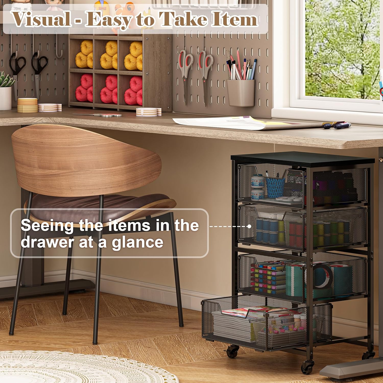 Rolling Cart with Drawers, 4-Drawer Storage Cart on Wheels with Wooden Top, Metal Utility Cart with Storage Drawers, Craft Storage Art Cart for Classroom, Office, Kitchen, Bedroom