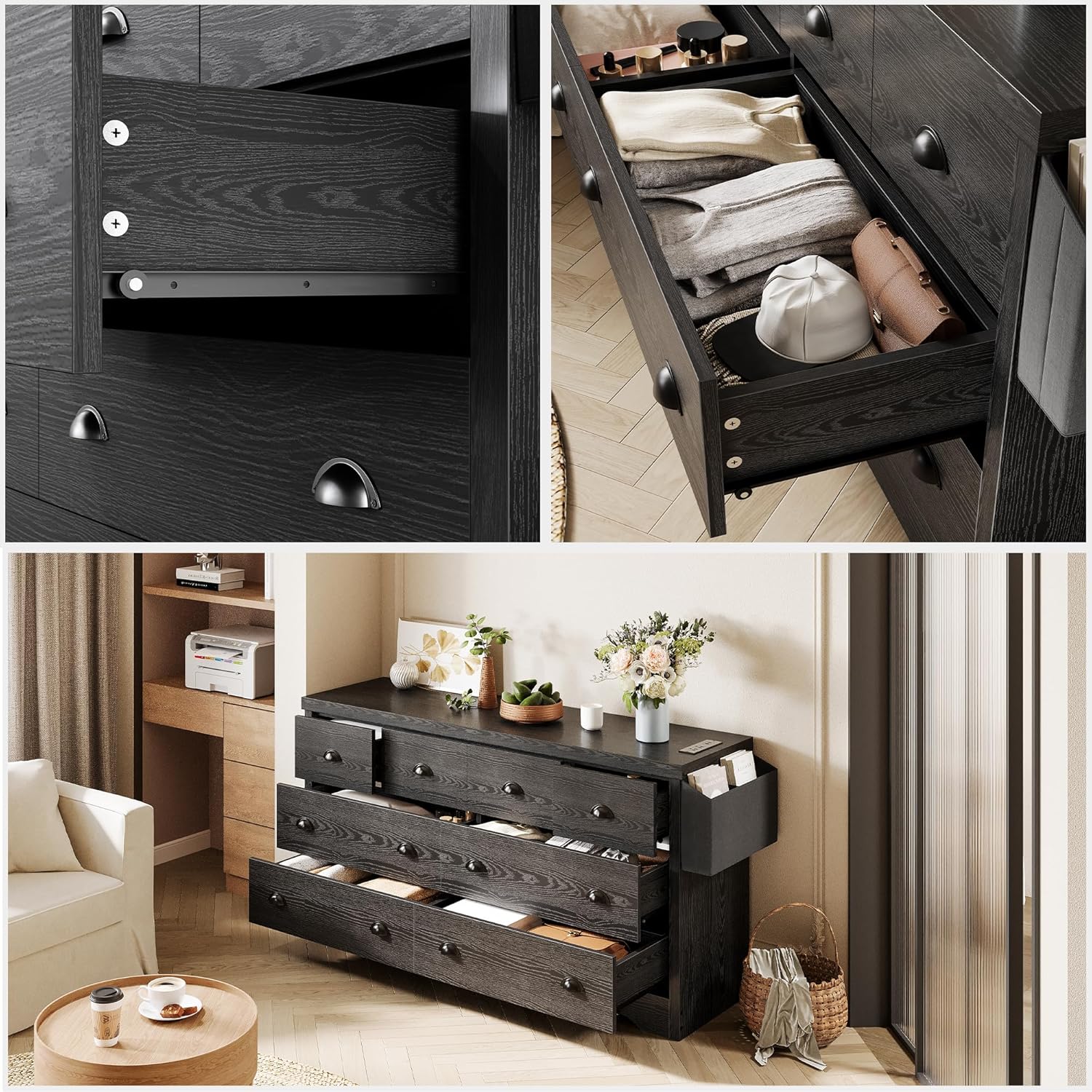 LIKIMIO Dresser 8 Drawer with Charging Station and Storage Bag, Wood Storage Chest of Drawers for Bedroom Living Room Hallway Entryway, Black