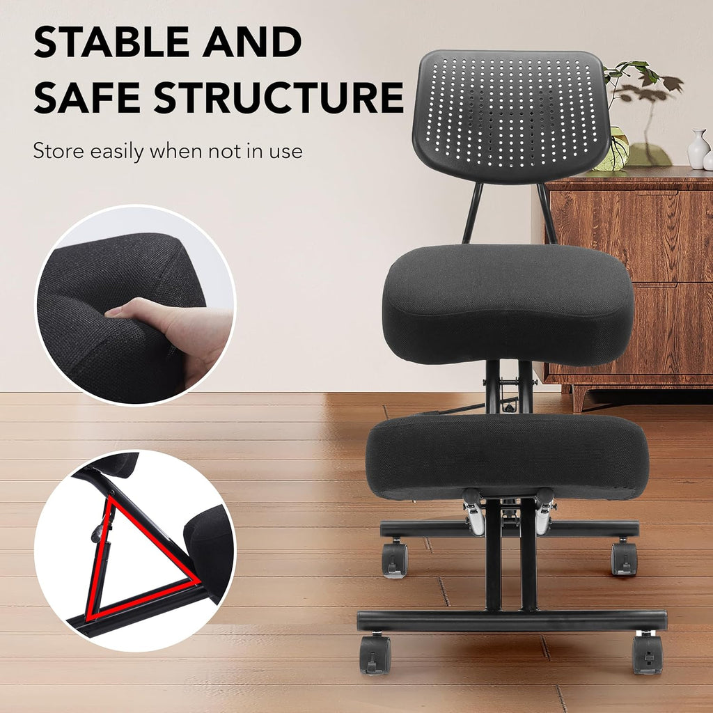 Ergonomic Kneeling Chair with Back Support, Ergonomic Kneeling Tool with Brake and Smooth Gliding Casters, Adjustable Stool for Home and Office, Posture Chair to Relieve Back Pain, Black Linen