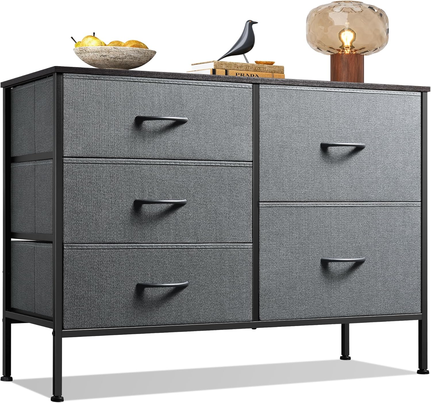 WLIVE Dresser for Bedroom with 5 Drawers, Wide Dressers with Drawer Organizers, Chest of Drawers, Fabric Dresser for Living Room, Closet, Hallway, Charcoal Black Wood Grain Print